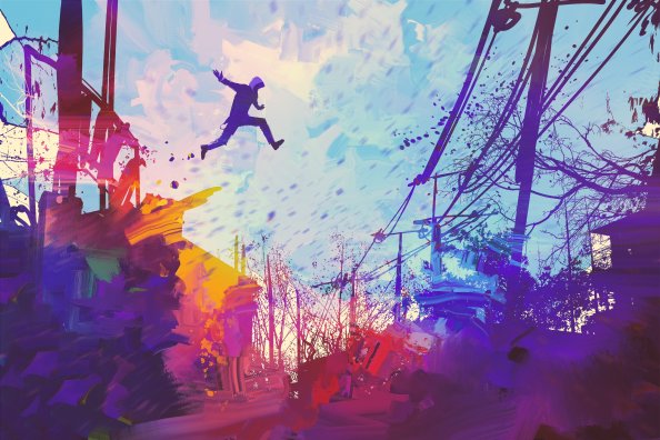 Man Jumping Roof Abstract Illustration Painting 5k