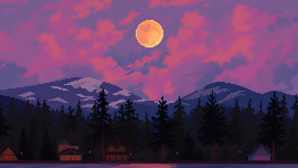 8 Bit Houses Trees Mountains Sun 4k