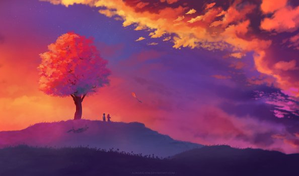 Kite Colorful Painting Sunset Tree