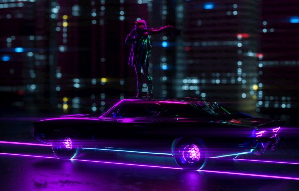 Girl Standing On Car Neon City
