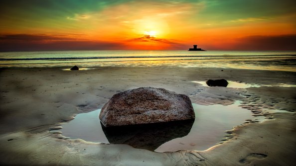 Beach Stone Rock Seashore Clouds Sunet