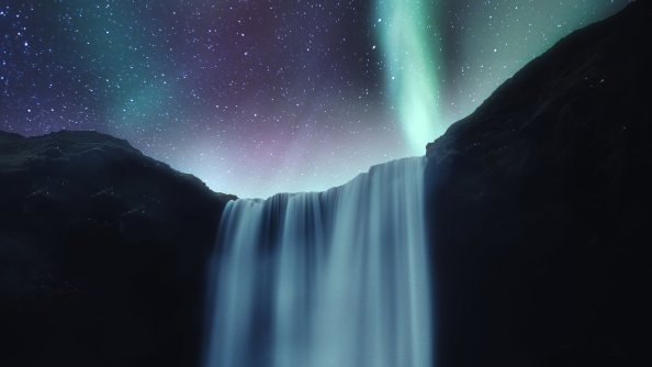 Waterfall Aurora Northern Lights 4k
