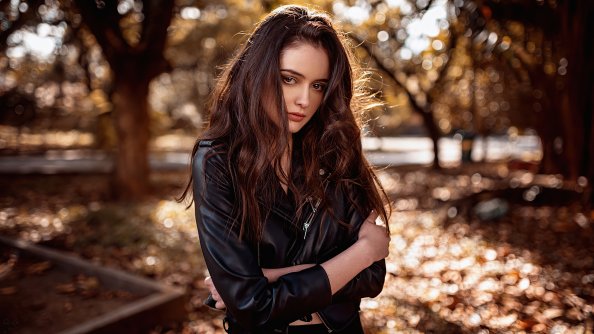 Girl Black Leather Jacket 4k