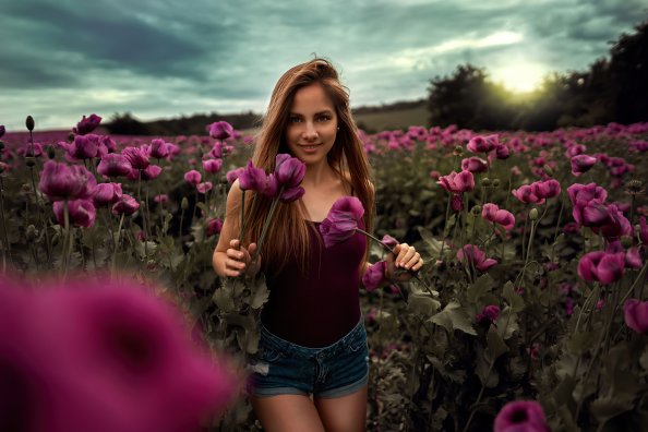 Long Hair Women Outdoor In Flower Field 4k