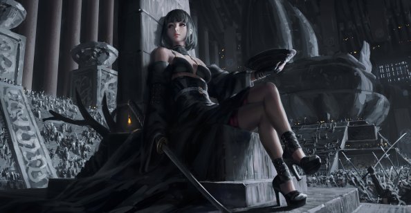 Black Dress Queen Sitting On Cemented Throne