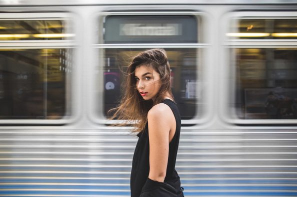 Brunette Girl Hair Blowing Subway