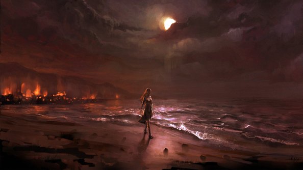 Dark Night Beach Fire Digital Comic Art