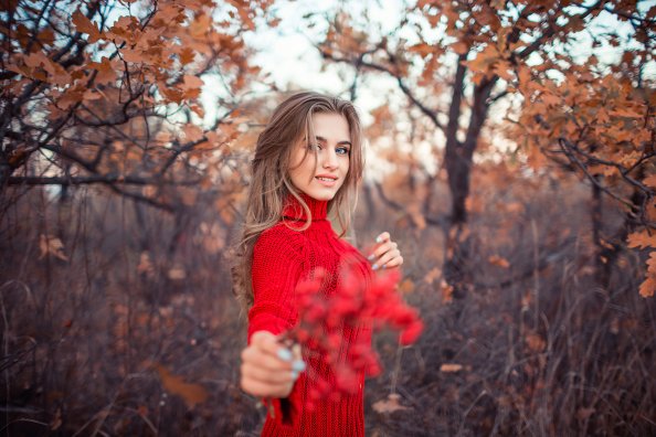 Girl In Red Dress Autumn 4k