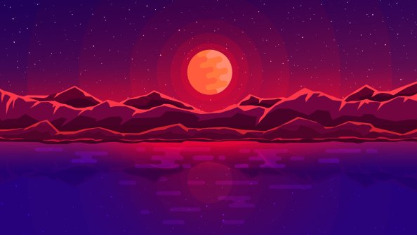 Moon Rays Red Space Sky Abstract Mountains