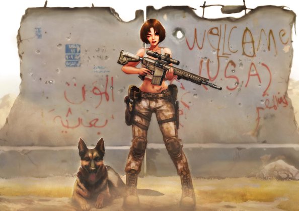 Short Hair Anime Girl Wtih M110 Gun Along Dog 4k