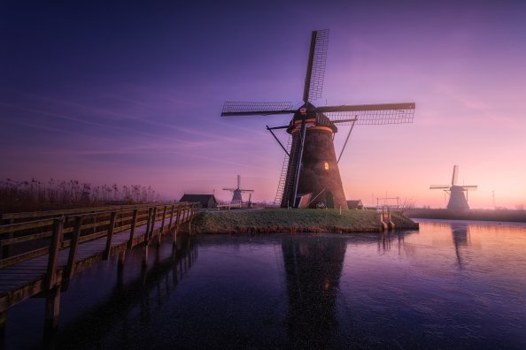 Windmill Building Sunrise Field Reflections