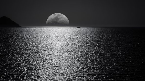 Black And White Moon Ocean During Night Time